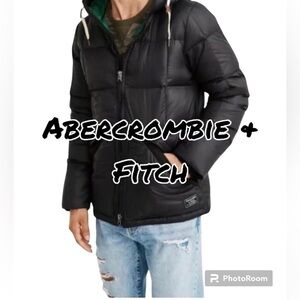 Down Coat Men's M Abercrombie And Fitch Ultra Puffer Hooded Black Green Interior